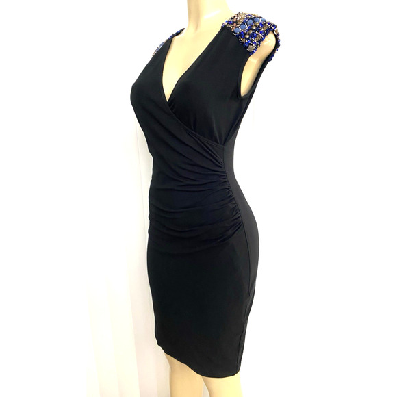 Cache Dress Sheath Cap Sleeve Surplice V neck Black Beaded Embellished Ruched M - Picture 2 of 6